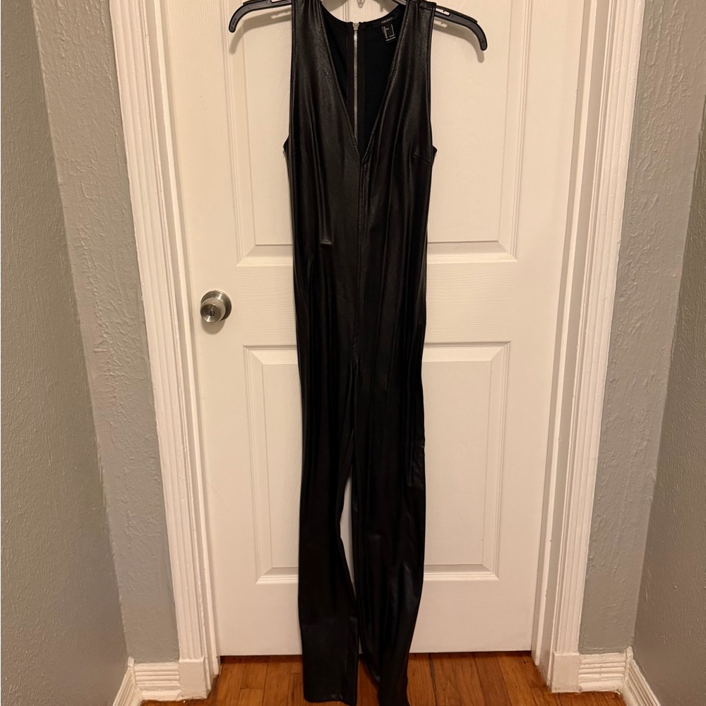 Black Faux Leather Sleeveless Jumpsuit